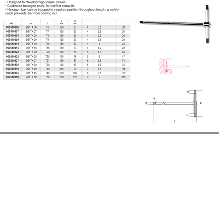 T-Handle Wrench with Three Male Ends for Torx Head Screws T40 - Beta Tools 951TX 40