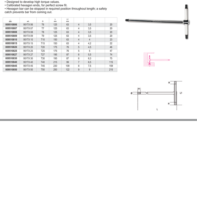 T-Handle Wrench with Three Male Ends for Torx Head Screws T8 - Beta Tools 951TX 08