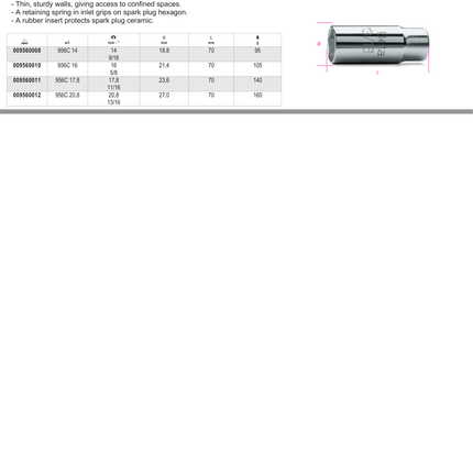 1/2 Square Drive Spark Plug Socket Chrome-Plated Hexagon End 17.8mm - Beta Tools 956C 17,8