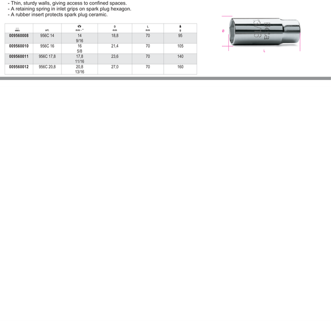 1/2 Square Drive Spark Plug Socket Chrome-Plated Hexagon End 17.8mm - Beta Tools 956C 17,8