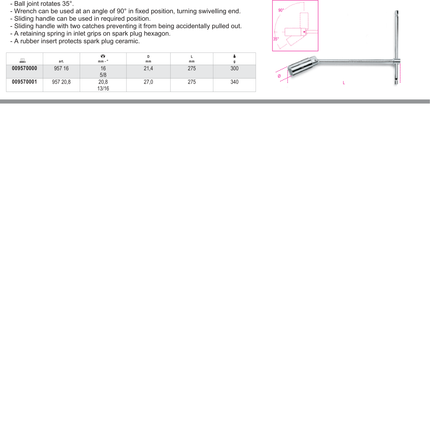 T-Handle Spark Plug Wrench with Swivelling Socket 16mm - Beta Tools 957 16
