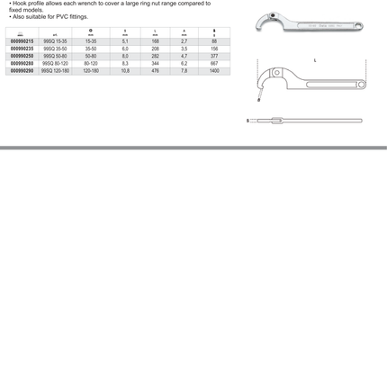 Hook Wrench with Square Noses for Ring Nuts 50mm-80mm - Beta Tools 99SQ 50-80