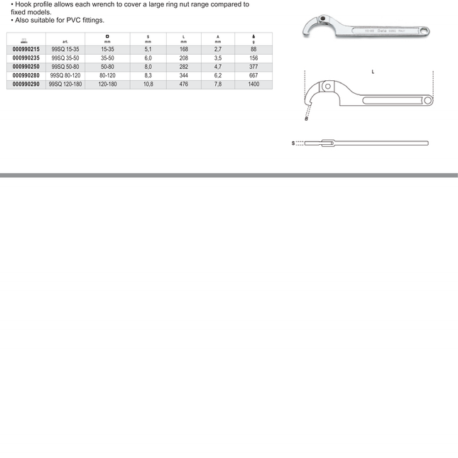 Hook Wrench with Square Noses for Ring Nuts 120mm-180mm - Beta Tools 99SQ 120-180