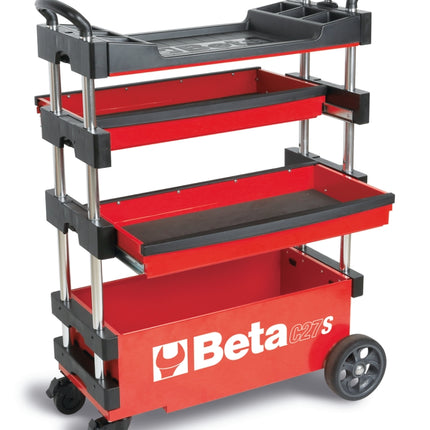 Folding Tool Trolley for Outdoor Jobs, 2 Drawers, 990x390x700mm, Centralized Lock, 160mm Fixed Castors - Beta Tools C27S-R