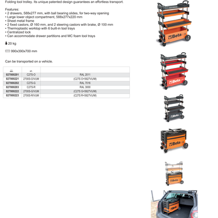 Folding Tool Trolley for Outdoor Jobs, 2 Drawers, 990x390x700mm, Centralized Lock, 160mm Fixed Castors - Beta Tools C27S-G