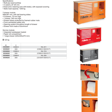 Special Mobile Roller Cabinet Racing SM Type with 7-Drawer Module and Service Module - Beta Tools C39SM-R