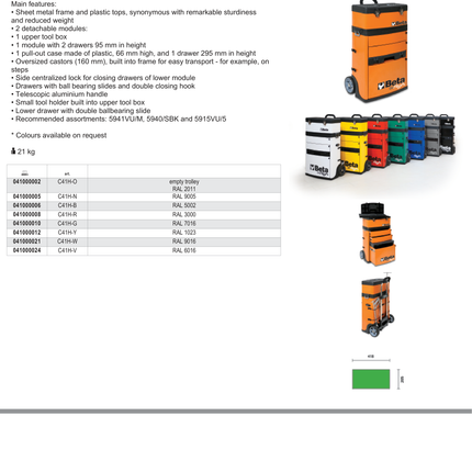 Two-Module Tool Trolley with Detachable Tool Box, Drawers, and Pull-Out Case - Beta Tools C41H-O