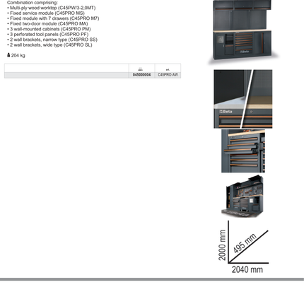 Workbenches for Workshop Equipment Combination with Wood Worktop, Drawers, Tool Panels, and Cabinets - BetaC45PRO C45PRO AW