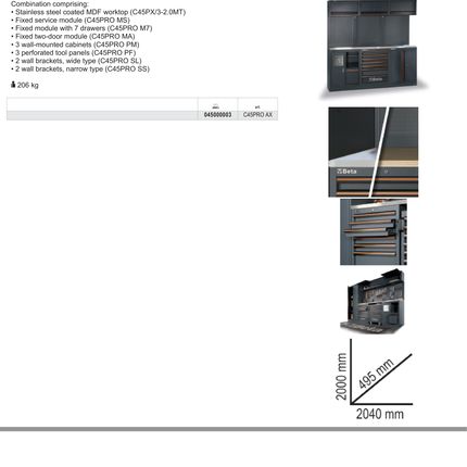 Workshop Equipment Combination with Stainless Steel Worktop, Drawers, Tool Panels, and Cabinets - BetaC45PRO C45PRO AX