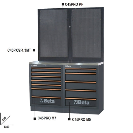 Workbenches with Stainless Steel Worktop, Drawers, and Tool Panels - BetaC45PRO C45PRO BPX-1,3