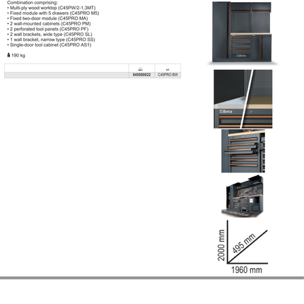 Workshop Equipment Combination with Wood Worktop, Drawers, Tool Panels, and Cabinets - BetaC45PRO C45PRO BW