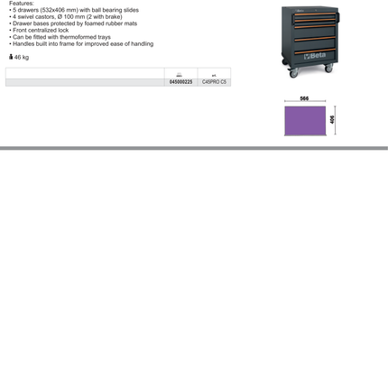 Mobile Roller Cab with 5 Drawers and Swivel Castors for Workshop - BetaC45PRO C45PRO C5
