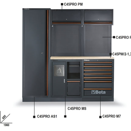 Workshop Equipment Combination with Wood Worktop, Drawers, Tool Panels, and Cabinets - BetaC45PRO C45PRO CW