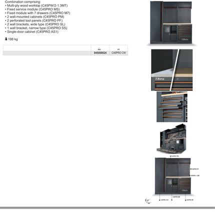 Workshop Equipment Combination with Wood Worktop, Drawers, Tool Panels, and Cabinets - BetaC45PRO C45PRO CW