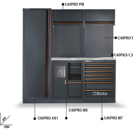 Workshop Equipment Combination with Stainless Steel Worktop, Drawers, Tool Panels, and Cabinets - BetaC45PRO C45PRO CX
