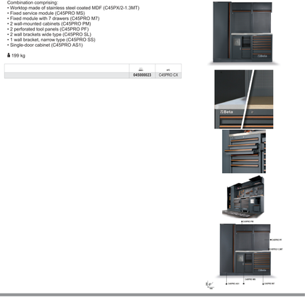 Workshop Equipment Combination with Stainless Steel Worktop, Drawers, Tool Panels, and Cabinets - BetaC45PRO C45PRO CX
