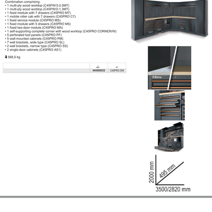 Workshop Equipment Combination with Wood Worktops, Drawers, Tool Panels, and Cabinets - BetaC45PRO C45PRO DW