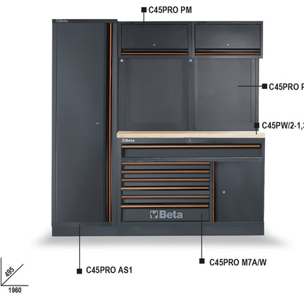 Workshop Equipment Combination with Wood Worktop, Drawers, Tool Panels, and Cabinets - BetaC45PRO C45PRO EW