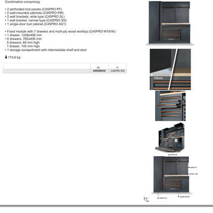 Workshop Equipment Combination with Wood Worktop, Drawers, Tool Panels, and Cabinets - BetaC45PRO C45PRO EW