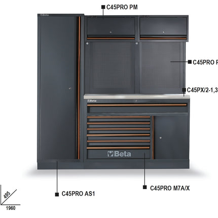 Workshop Equipment Combination with Stainless Steel Worktop, Drawers, Tool Panels, and Cabinets - BetaC45PRO C45PRO EX