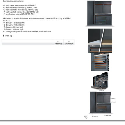 Workshop Equipment Combination with Stainless Steel Worktop, Drawers, Tool Panels, and Cabinets - BetaC45PRO C45PRO EX
