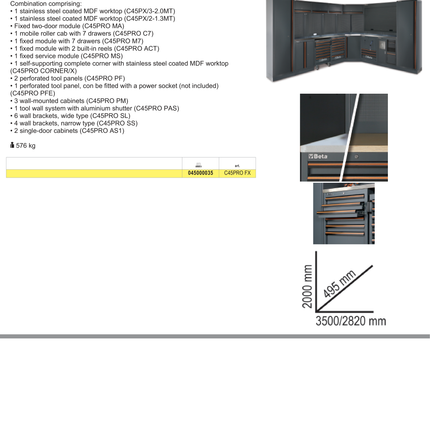 Workshop Equipment Combination with Stainless Steel Worktops, Drawers, Tool Panels, and Cabinets - BetaC45PRO C45PRO FX