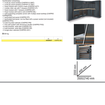 Workshop Equipment Combination with Wood Worktops, Drawers, Tool Panels, and Cabinets - BetaC45PRO C45PRO GW