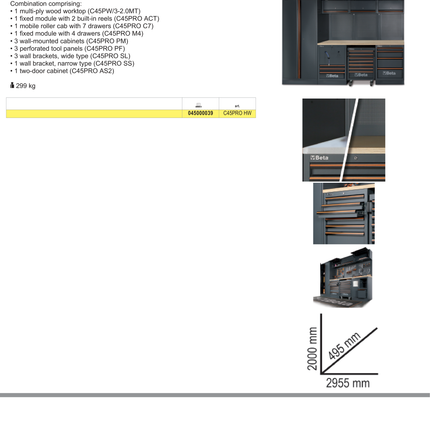Workshop Equipment Combination with Wood Worktop, Drawers, Tool Panels, and Cabinets - BetaC45PRO C45PRO HW