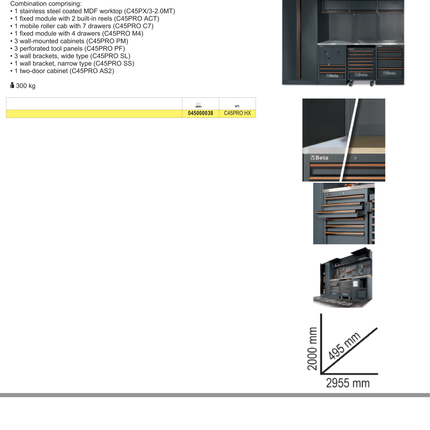 Workshop Equipment Combination with Stainless Steel Worktop, Drawers, Tool Panels, and Cabinets - BetaC45PRO C45PRO HX