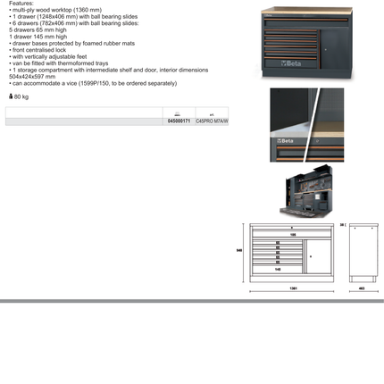 Fixed Module with 7 Drawers and Storage Compartment for Workbench - BetaC45PRO C45PRO M7A/W