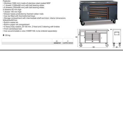 Work Station Roller Cab with 7 Drawers and Built-In Waste Bin - BetaC45PRO C45PRO MWS/X