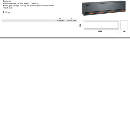 Long Wall-Mounted Cabinet with Gas Springs and Lock for Workshop - BetaC45PRO C45PRO PML