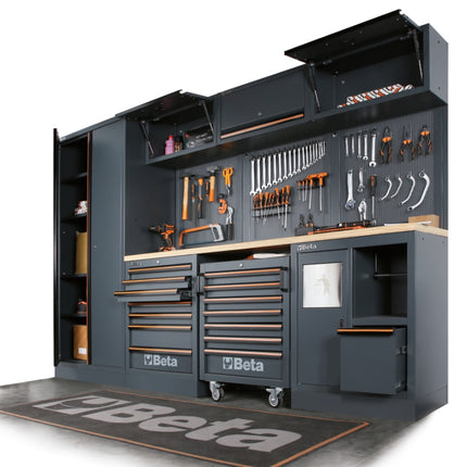 Workshop Equipment Combination with Wood Worktop, Drawers, Tool Panels, and Cabinets - BetaC45PRO C45PRO W