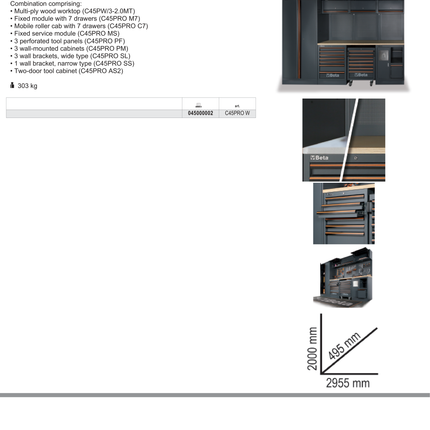 Workshop Equipment Combination with Wood Worktop, Drawers, Tool Panels, and Cabinets - BetaC45PRO C45PRO W