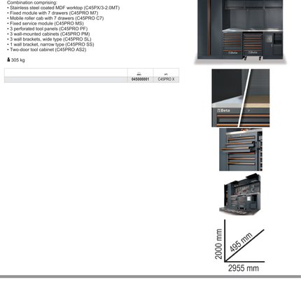 Workshop Equipment Combination with Worktop, Drawers, Tool Panels, and Cabinets - BetaC45PRO C45PRO X