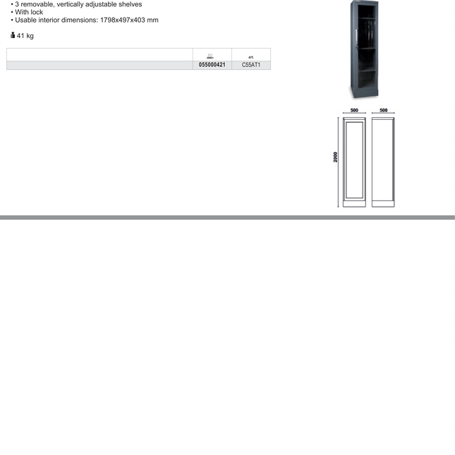 Tool Cabinet with Clear Polycarbonate Door, 1798x497x403mm, Adjustable Shelves, Lockable - BetaRSC55 C55AT1