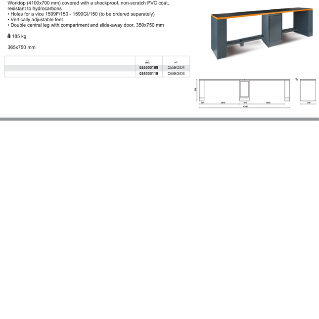 Double 4m Workbench with Central Leg, Shockproof PVC Worktop, Adjustable Feet, 4100x700mm - BetaRSC55 C55BG/D4