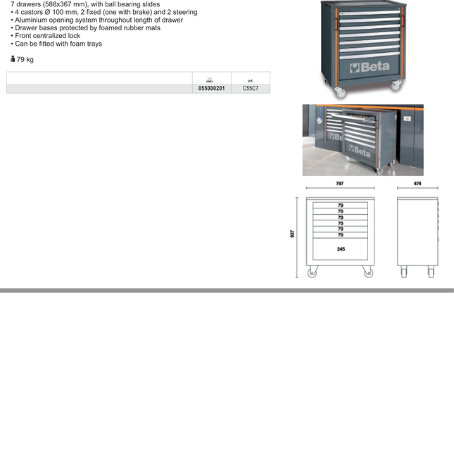 Mobile Roller Cabinet with 7 Drawers, Ball Bearing Slides, Central Lock, 588x367mm Drawers, 100mm Castors - BetaRSC55 C55C7