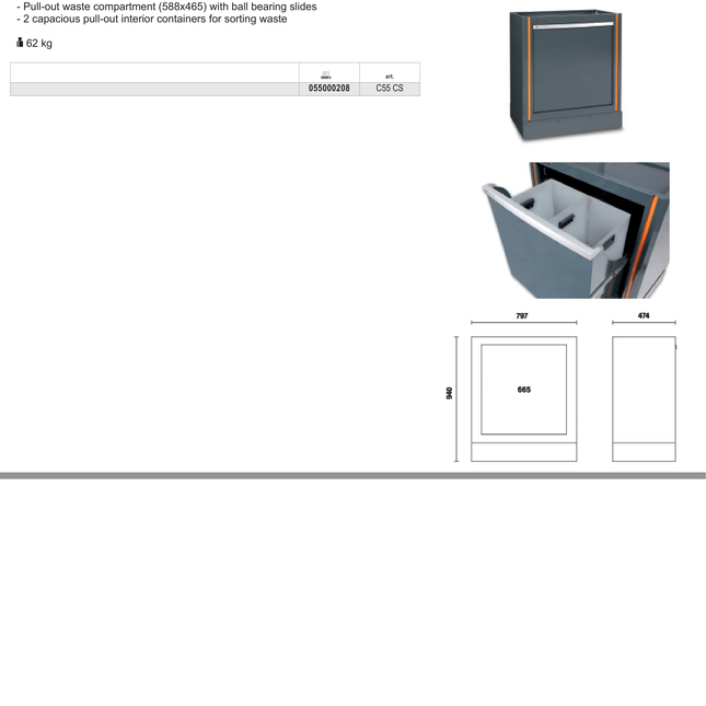Fixed Sorted Waste Collection Module with Pull-Out Compartment, 588x465mm, Includes 2 Interior Containers - BetaRSC55 C55 CS