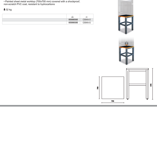 Corner Worktop, 700x700mm, PVC Coated, Hydrocarbon Resistant - BetaRSC55 C55KAI-G
