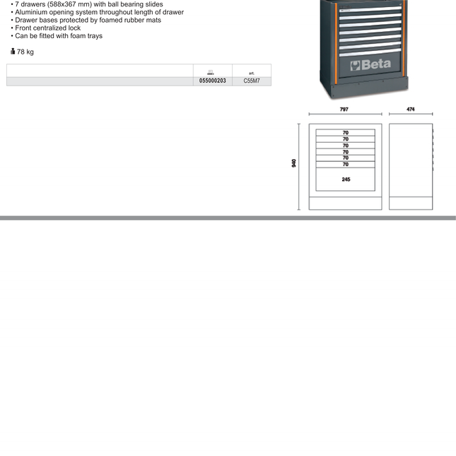 Fixed Module with 7 Drawers, Ball Bearing Slides, Central Lock, 588x367mm Drawers - BetaRSC55 C55M7