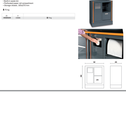 Fixed Service Module with Waste Bin, Paper Roll Compartment, 305x270mm Storage Drawer - BetaRSC55 C55MS