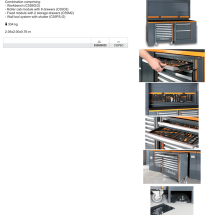 Workshop Equipment Set with Workbench, 8-Drawer Roller Cab, 2-Drawer Module, Wall Tool System, 2.05x2.00x0.76m - BetaRSC55 C55PB/3