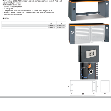 2m Workbench with Shockproof PVC Worktop, Built-In Sockets, Hose Reel, Adjustable Feet, 2050x700mm - BetaRSC55 C55PRO BO/2