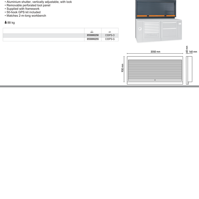 Tool Wall System with Lockable Adjustable Shutter, Perforated Panel, 50-Hook Kit, Fits 2m Workbench - BetaRSC55 C55PS-O