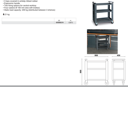 Trolley with 3 Antislip Rubber Tops, Ergonomic Handle, 100mm Castors, 200kg Load Capacity - BetaRSC55 C55T3