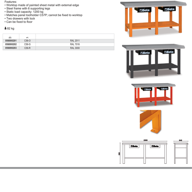 Workbench with Painted Sheet Metal Worktop, 1200kg Capacity, Lockable Drawers - Beta Tools C56-R