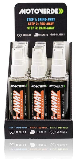 75ml x 12 Motoverde Fog-Away Anti-Fog Visor, Lens and Goggle Treatment Counter Display Pack