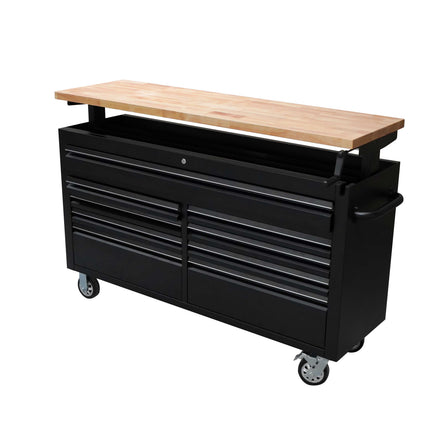 61 Black Powder Coated Steel 9 Drawer Tool Chest with Adjustable Height Solid Wooden Top