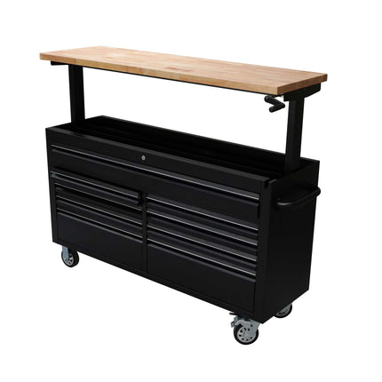 61 Black Powder Coated Steel 9 Drawer Tool Chest with Adjustable Height Solid Wooden Top
